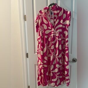 Leaf Print Collared Folded Sleeve Midi Dress -Pink